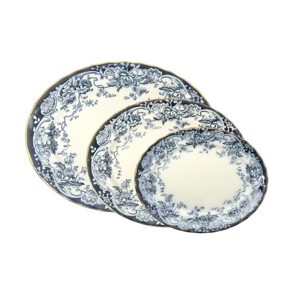 1890s Keeling & Co “Chatsworth” 3 Flow Blue Oval Serving Platters 10” 11” 13” - Picture 1 of 16